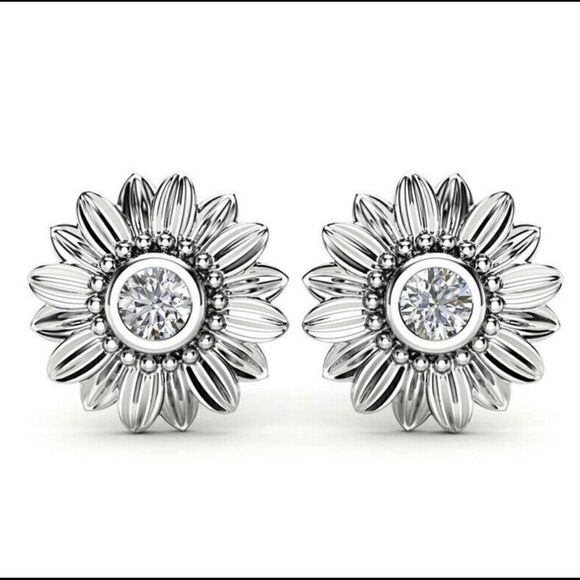 18k White Gold Plated CZ Diamond Sunflower Earrings - Picture 1 of 2